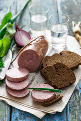 Sliced sausage with rye bread, onion and vodka