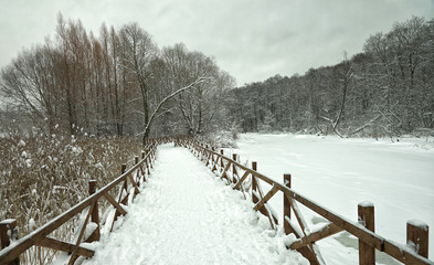 Wooden bridge over the forest lake, winter view.