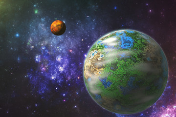 Fantasy universe 3D illustration, planet and moon in blue galaxy