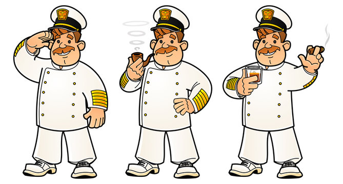 Cartoon sailors. A set of images. The captain gives a military greeting, smokes a pipe, smokes a cigar and drinks alcohol.