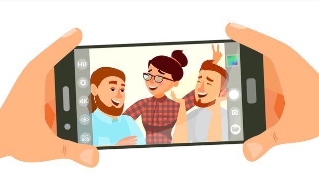 Taking Photo On Smartphone Vector. Smiling People. Modern Friends Taking Horizontal Selfie. Hand Holding Smartphone. Camera Viewfinder. Friendship Concept. Isolated Flat Cartoon Illustration