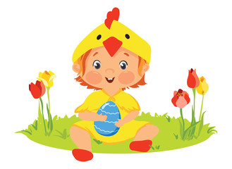 Baby in chick costume with decorative egg