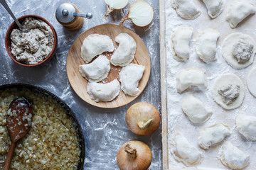 Traditional homemade pierogi, pelmeni, ravioli, dumplings with meat. Meat, raw onions, fried onion, oil, flour, mould, pepper mill, rolling pin, wooden spoon. The process of making dumplings home. 