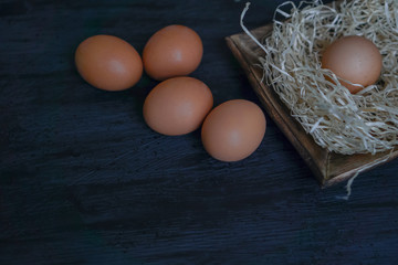 Chicken eggs on black background. Easter theme