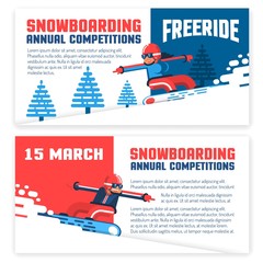 Snowboard horizontal flyers, invitations, tickets. Two design options - with snowboarder man and girl.