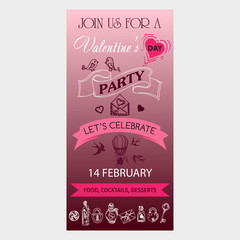 Vector illustration sketch hand drawn elements. Romantic, love, hearts, sweets, flowers, gifts. Invitation card Valentine's day.