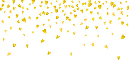 Valentine day border with gold glitter sparkles. February 14th day. Vector confetti for valentine day border template. Grunge hand drawn texture. Love theme for gift coupons, vouchers, ads, events.