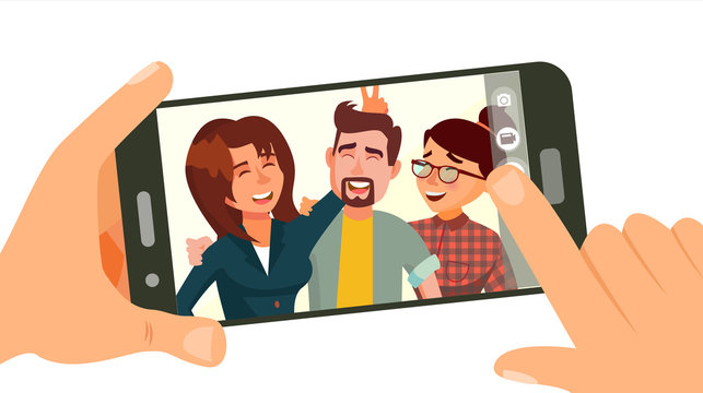 Taking Photo On Smartphone Vector. Smiling Friends Taking Selfie. People Posing. Hand Holding Smartphone. Friendship Concept. Isolated Flat Cartoon Illustration