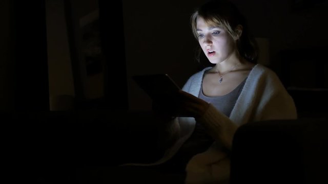 Angry Yelling Woman Using Tablet at Night