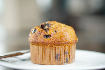 Delicious fresh homemade bakery. chocolate chip muffins serve on white plate and knife.