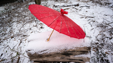 red Japanese umbrella on snowy log