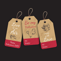 Stickers for a gift for Valentine's Day. V Day gift tags with hand drawing elements. Vector illustration sketch Holidays.