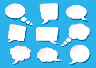 White speech bubbles collection on blue background. Blank empty speech bubbles for your text. Vector illustration