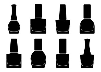 Set of nail polish bottle, black silhouette. Vector illustration