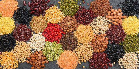 Multicolor dried legumes for background, Different dry bean organic for eating healthy