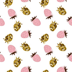 Vector seamless pattern with golden glitter and pink strawberries on white background.