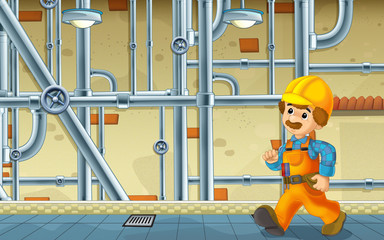 cartoon scene with repairman in the basement working - illustration for children