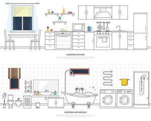 Modern interiors of the kitchen and bathroom. Furniture and accessories. Vector illustration in a linear style.