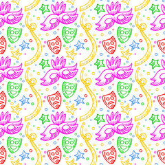 White carnival background pattern with colorful doodles of masks, confetti and stars