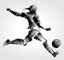 Fototapeta premium Female soccer player kicking the ball made of black brushstrokes on light background