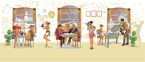 Series of people drinking coffee inside romantic café, jazz musicians, waiters serve the tables. Hand drawn illustrations.
