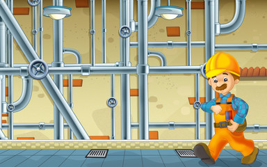 cartoon scene with repairman in the basement working - illustration for children