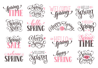 Hand written Spring time phrases in black and pink. Greeting card text templates on blackboard. Hello Spring lettering in modern calligraphy style.