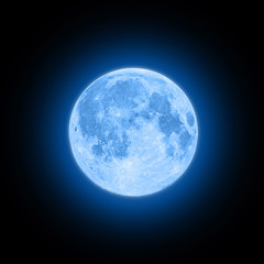 Blue super moon glowing with blue halo isolated on black background