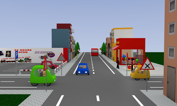 Stadtansicht mit rechts vor links Kreuzung, bunten Autos und Straßenschildern. 3d render
