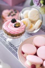 Beautiful sweet table with big cake and macaroon