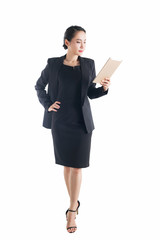Business woman holding tablet computer isolated on white background.