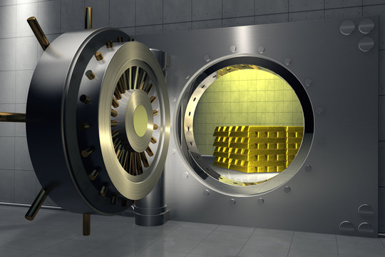 3D render of a bank vault with stack of gold bars inside