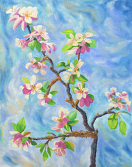 Obraz na płótnie Canvas Blooming apple tree on blue background. Spring sunny day. Oil painting.