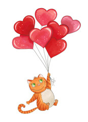 Sketch markers cat with balloons for Valentine's day. Sketch done in alcohol markers