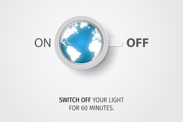 Earth hour poster. Earth Hour concept globe in Cup Of Coffee And Abstract On Off Switcher. 