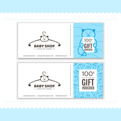 Gift voucher for baby shop. Logo with head of a cat. Vector illustration in cartoon style