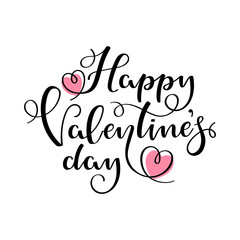 Happy Valentines Day handwritten calligraphy text on a white background. Black lettering with pink hearts. Vector illustration for advertising, magazines ,posters, websites, greeting cards