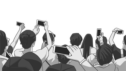 Stylized drawing of party crowd at concert cheering and recording