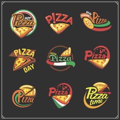 Naklejka premium Set of pizza labels, badges, icons and design elements. Emblems for pizzeria.