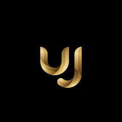 Initial lowercase letter uj, swirl curve rounded logo, elegant golden color on black background