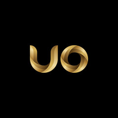 Initial lowercase letter uo, swirl curve rounded logo, elegant golden color on black background