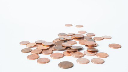 Money Coin thai bath disperse on white background.
