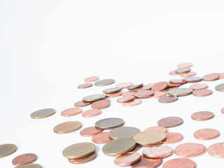 Money Coin thai bath disperse on white background.