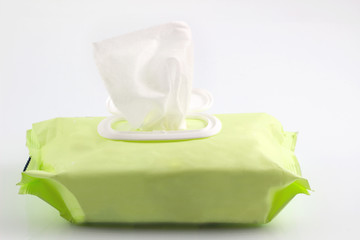 Wet wipes in package box isolated white background, with clipping path.