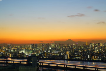 Tokyo tower and city and fuji mountain in sunset time