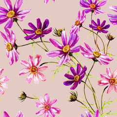 Seamless background pattern of flowers of cosmos.