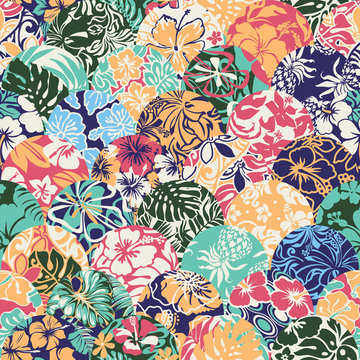 Hawaiian style vector seamless patchwork pattern with hibiscus and leaves