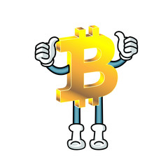 A bitcoin character stand with thumps up. White background.