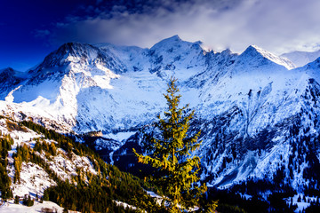 Beautiful landscape of snowy mountain view in Bellvue Saint-Gervais-les-Bains. One of Alps mountain top near Mont Blanc. Famoust place for winter sport like skiing with family and for recreation.