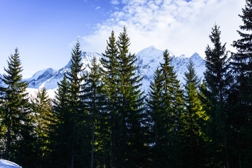 Beautiful landscape of snowy mountain view with sprouce of pine tress in Bellvue Saint-Gervais-les-Bains. Alps mountain top near Mont Blanc. Famoust place for winter sport like skiing with family